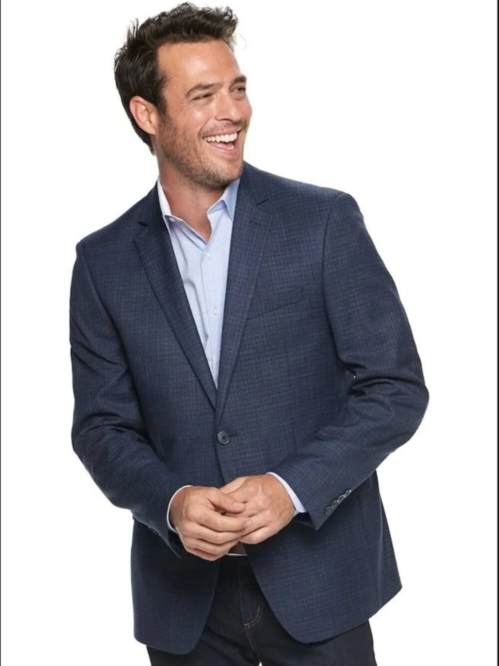 Van Heusen Flex Slim-Fit Navy Blue Sport Coat Mens Size 38R Plaid Two Button